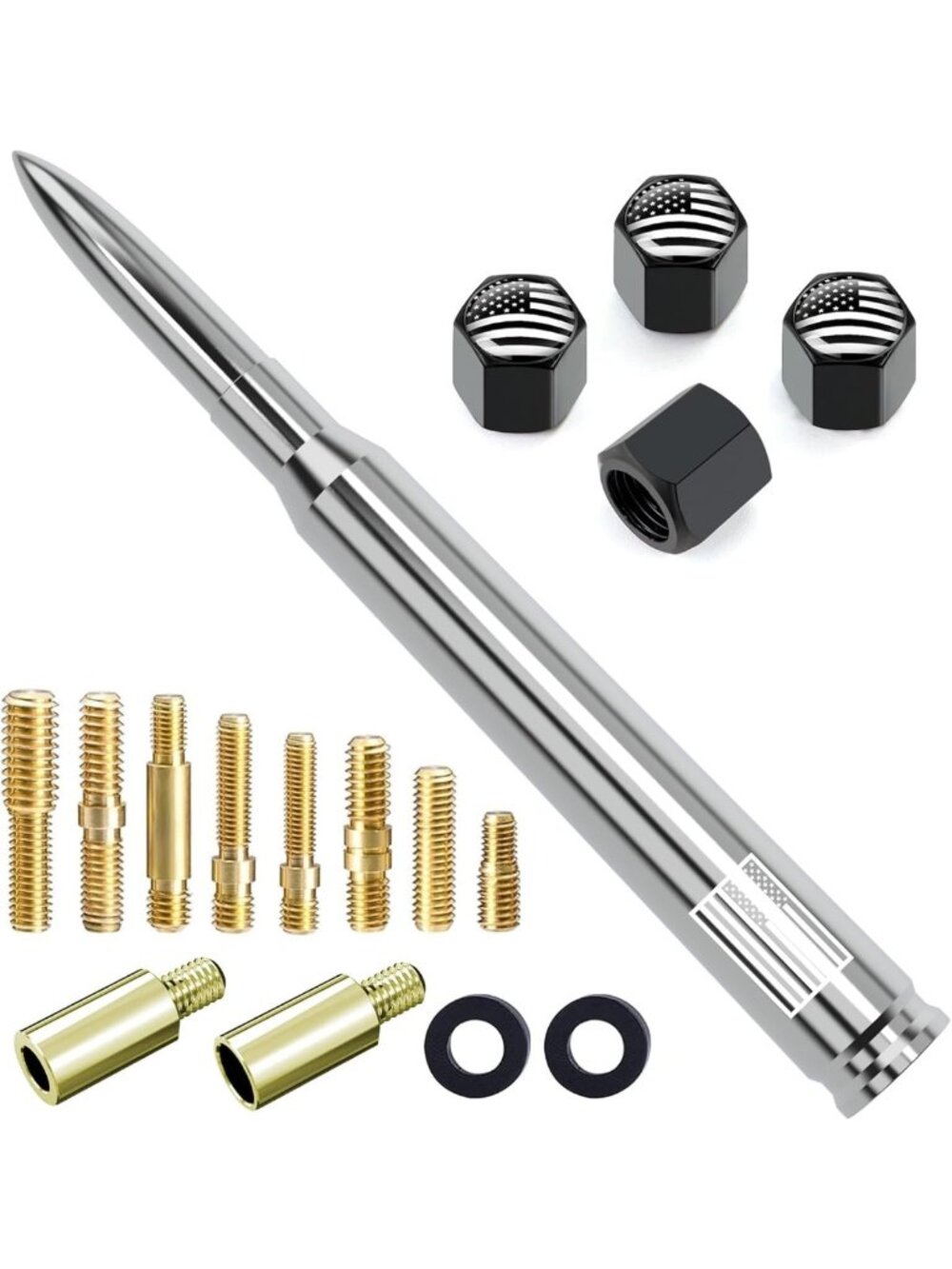 Universal Short Car Truck Antenna & American Flag Tire Valve Caps - Chrome
